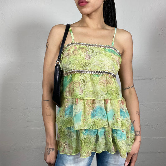 Vintage 2000’s Forest Fairy Silk Green Boho Style Printed Cami Top with Layering Ruffles (L/XL)