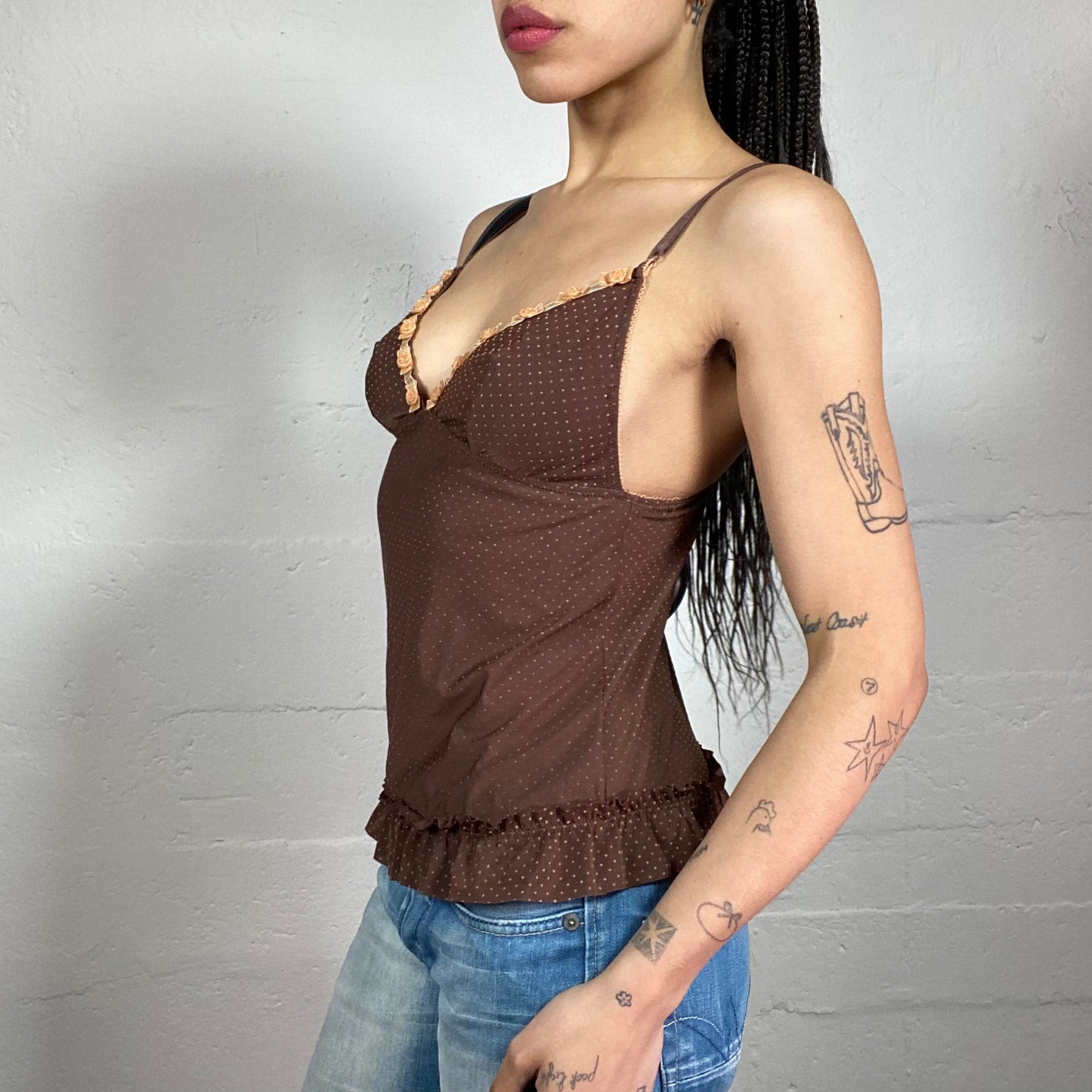 Vintage 2000’s Coquette Brown Mini Polka Dot Printed Cami Top with Floral Embroidery Trim and Bottom Ruffles (S)
