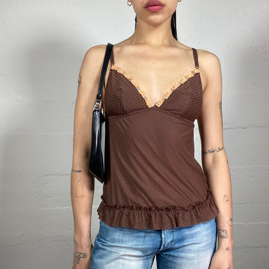 Vintage 2000’s Coquette Brown Mini Polka Dot Printed Cami Top with Floral Embroidery Trim and Bottom Ruffles (S)