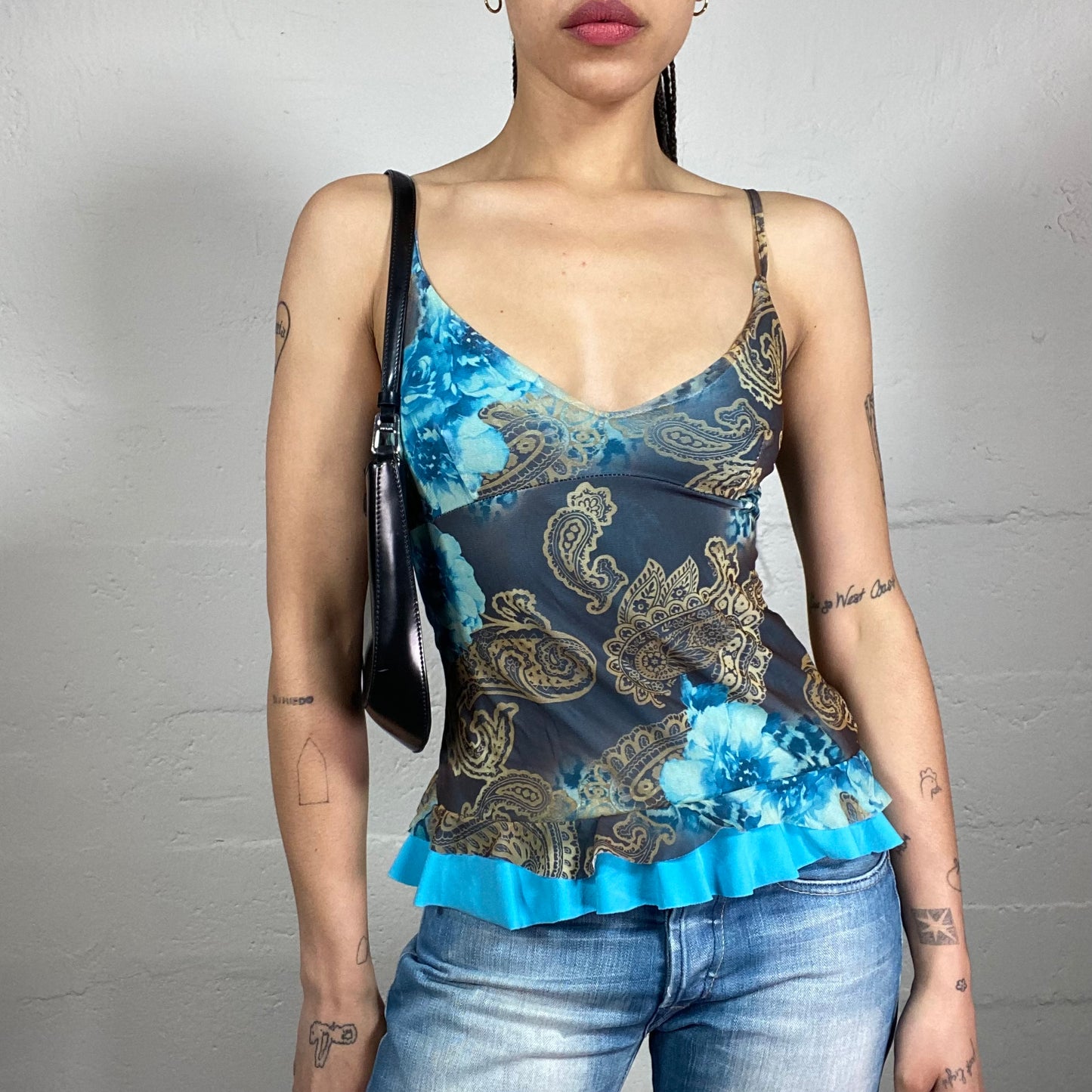 Vintage 2000’s Boho Girl Aquamarine Blue Abstract Printed Cami Top with Bottom Ruffles (S)