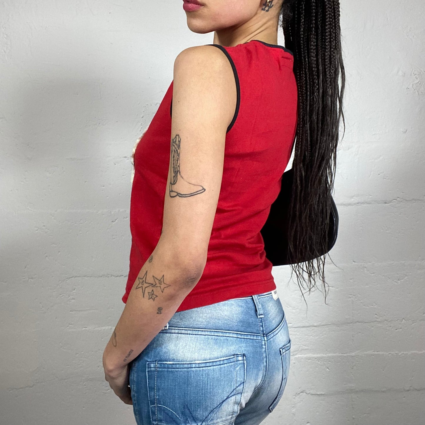Vintage 2000’s Miss Sixty Summer Clubwear Blood Red Tank Top with Sheep Fur Effect Face Printed Embroidery (L)