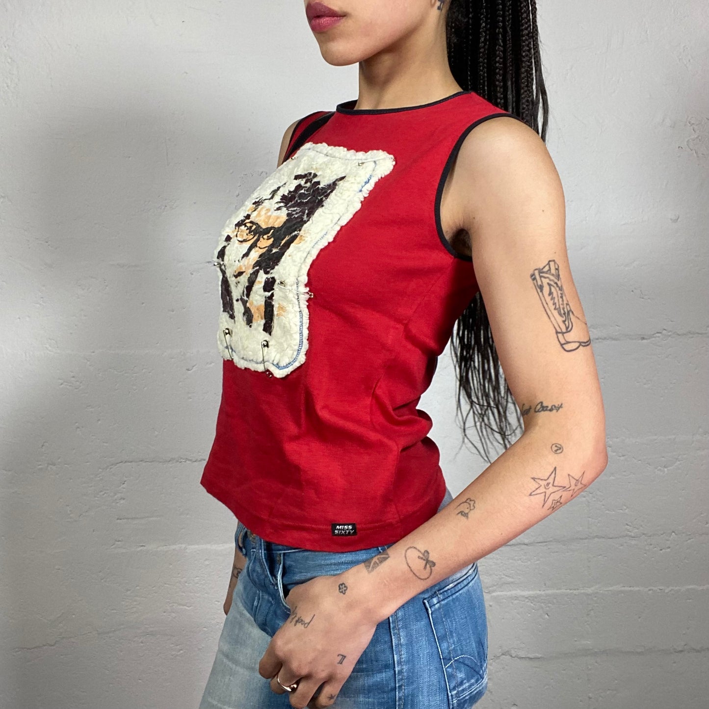Vintage 2000’s Miss Sixty Summer Clubwear Blood Red Tank Top with Sheep Fur Effect Face Printed Embroidery (L)