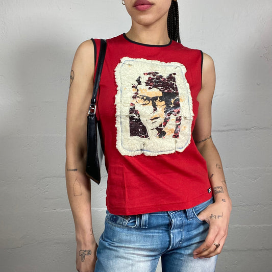 Vintage 2000’s Miss Sixty Summer Clubwear Blood Red Tank Top with Sheep Fur Effect Face Printed Embroidery (L)