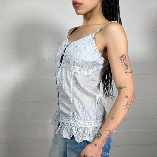 Vintage 2000’s Soft Girl Light Grey Ruffled Button Up Cami stop with Lace Details (XL)
