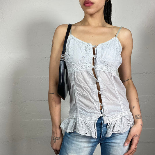 Vintage 2000’s Soft Girl Light Grey Ruffled Button Up Cami stop with Lace Details (XL)