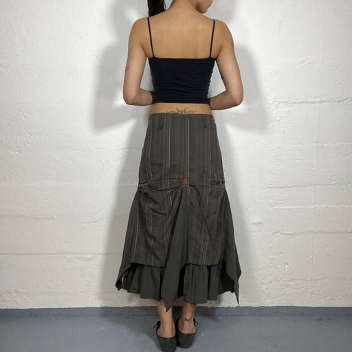 Vintage 90’s Grunge Maxi Ruffled Khaki and Orange Maxi Skirt with Striped Print (40)