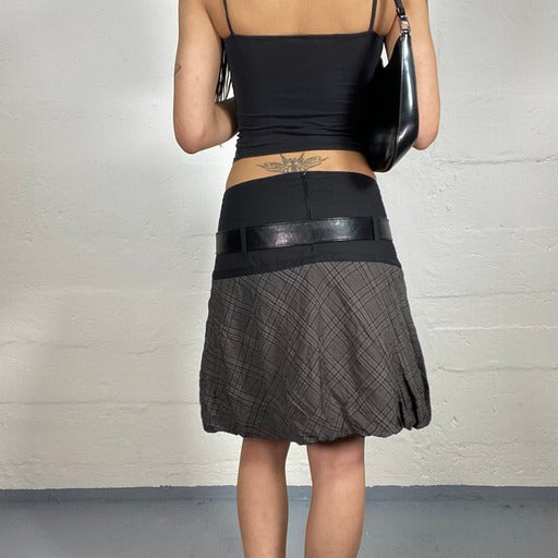 Vintage 90’s Office Girl Black Balloon Skirt with Checkered Print and Belt Detail (38)