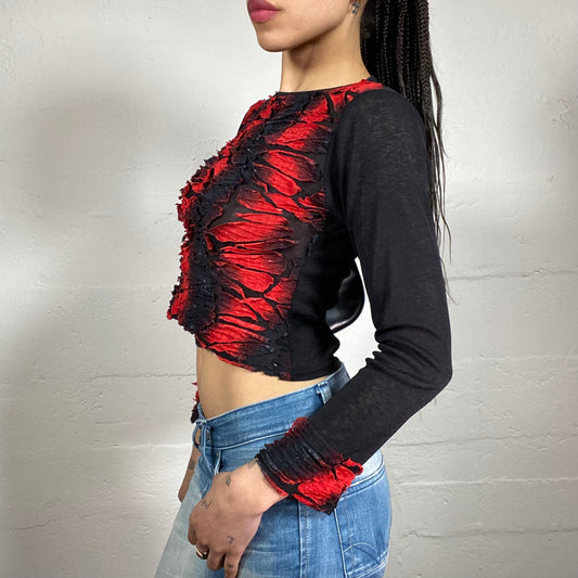 Vintage 2000’s Vamp Girl Black and Blood Red Longsleeved Cropped Top with Decorative Cuts (S)