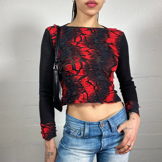 Vintage 2000’s Vamp Girl Black and Blood Red Longsleeved Cropped Top with Decorative Cuts (S)
