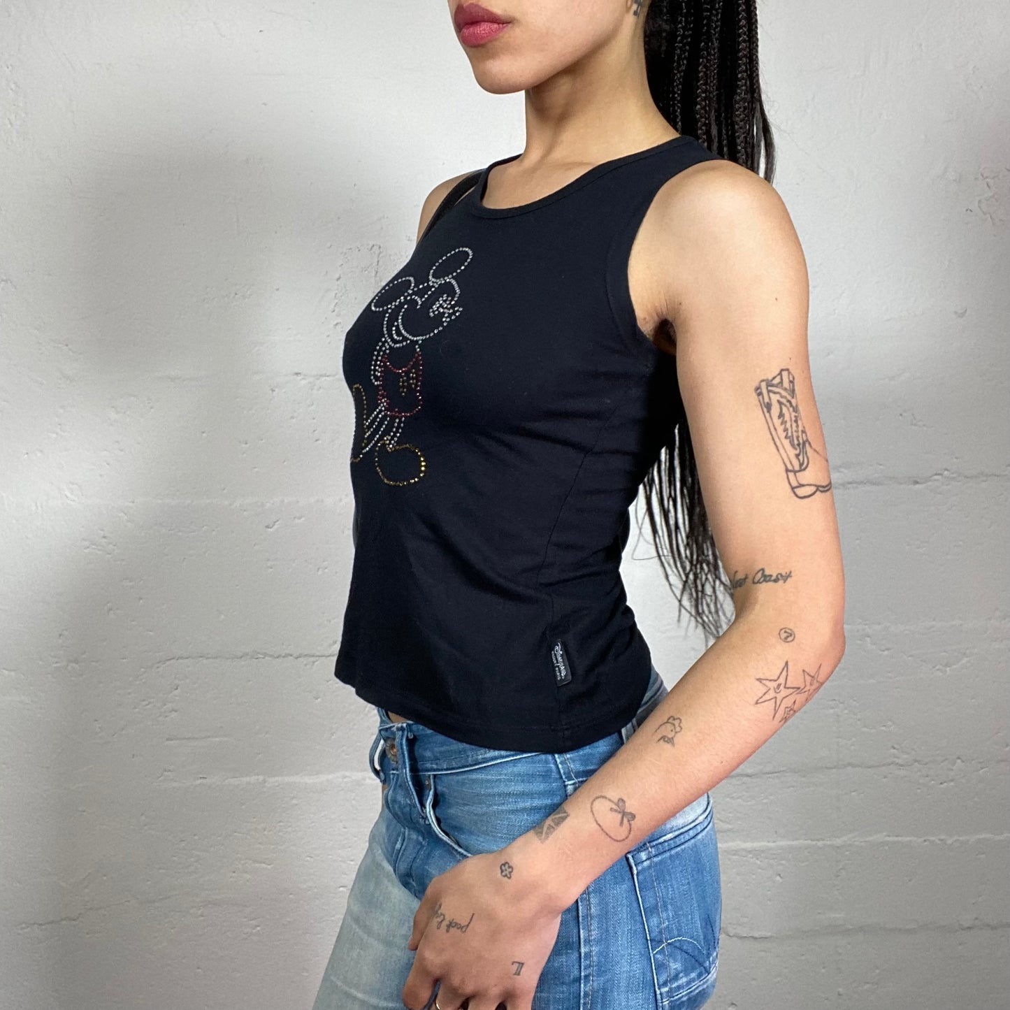 Vintage 2000’s Fun Clubwear Black Tank Top with Rhinestone Mickey Mouse Embroidery (S)