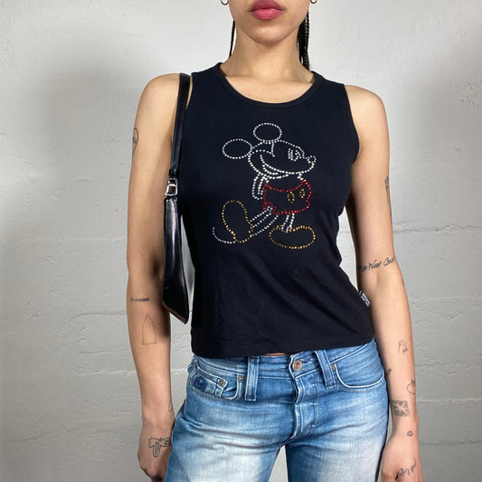 Vintage 2000’s Fun Clubwear Black Tank Top with Rhinestone Mickey Mouse Embroidery (S)