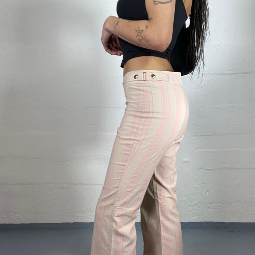 Vintage 90’s Office Beige Mid Rise Pants with Pink Stripes and Clip Details on Hips (S)