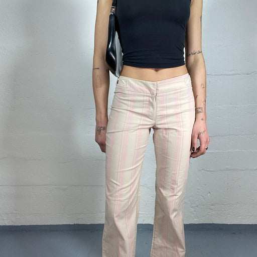 Vintage 90’s Office Beige Mid Rise Pants with Pink Stripes and Clip Details on Hips (S)