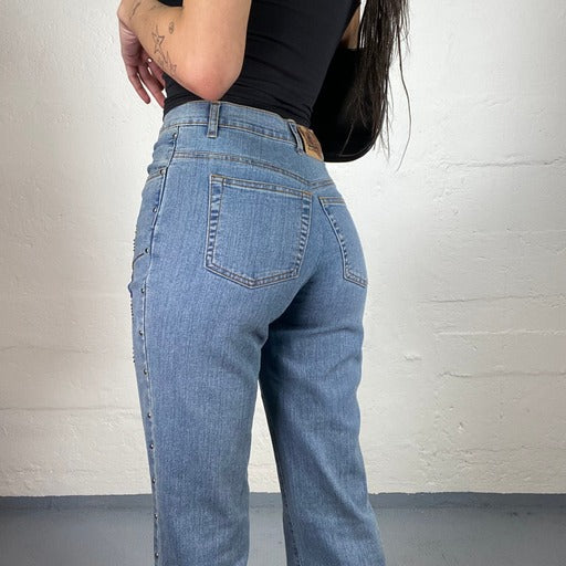 Vintage 90’ Boho High Waisted Bootcut Blue Denim Jeans with Rhinestone Details (S)