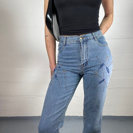 Vintage 90’ Boho High Waisted Bootcut Blue Denim Jeans with Rhinestone Details (S)