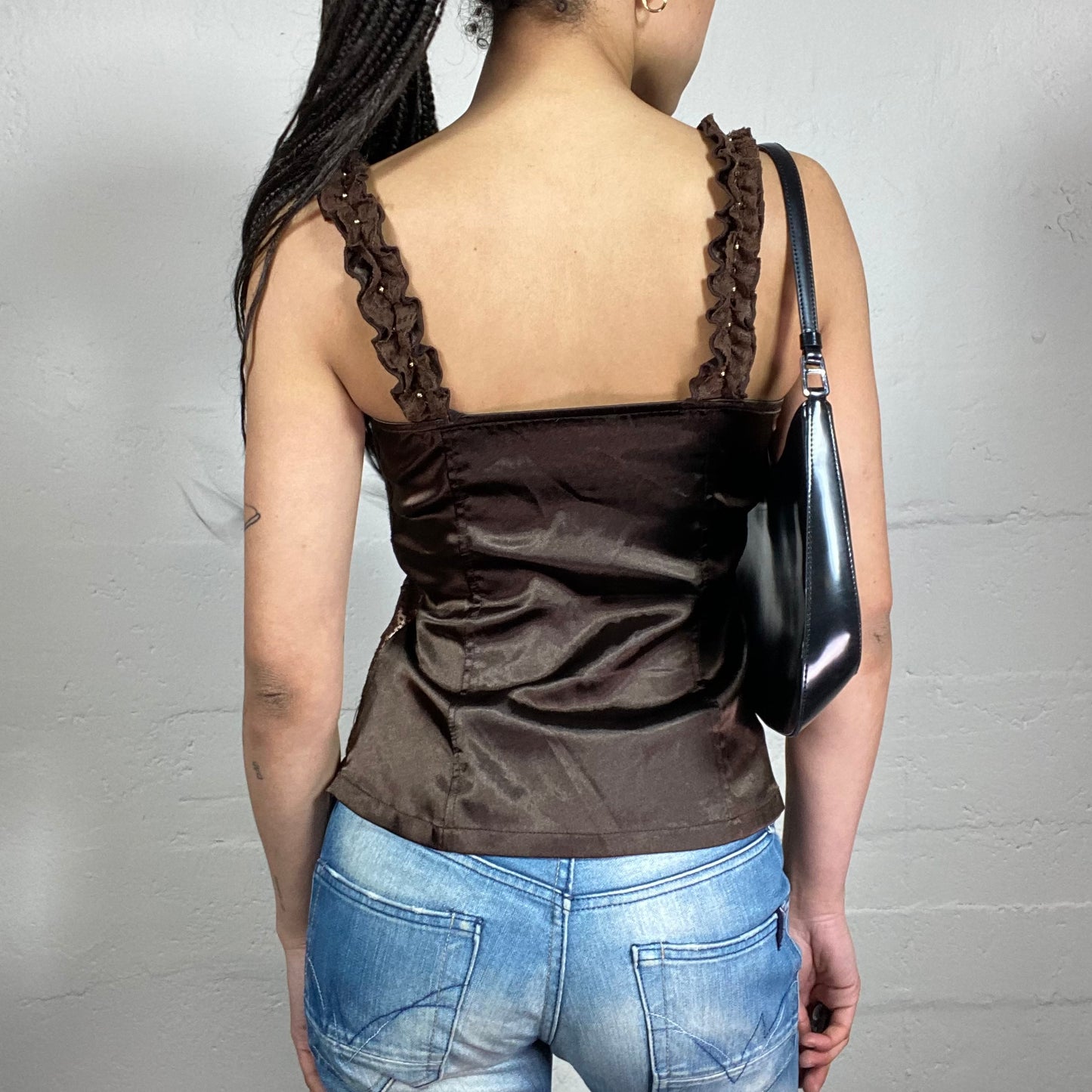 Vintage 2000’s Coquette Drown Silky Corset Style Ruffled Trim Cami Top with Lace Details (M)