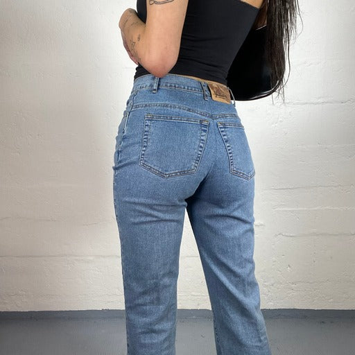 Vintage 90’ Boho High Waisted Bootcut Blue Denim Jeans with Rhinestone Details (S)