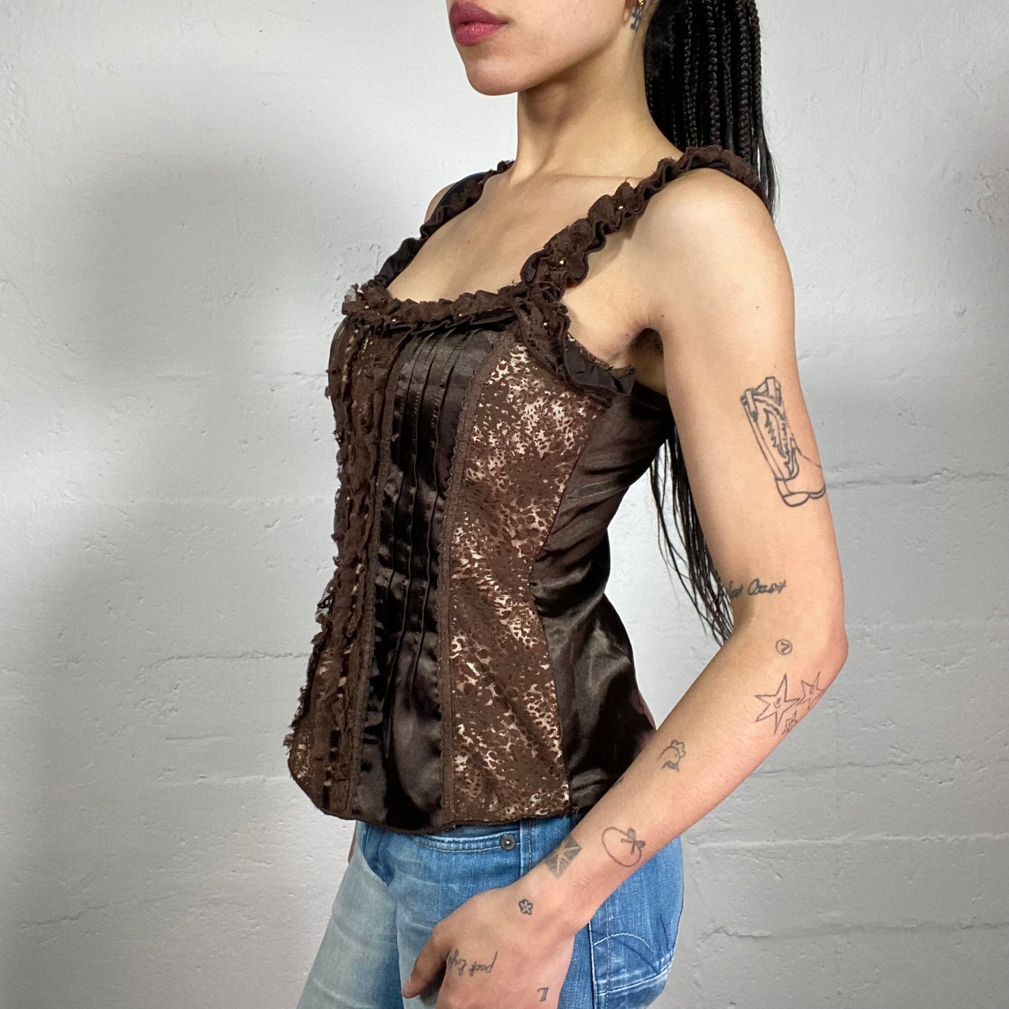 Vintage 2000’s Coquette Drown Silky Corset Style Ruffled Trim Cami Top with Lace Details (M)