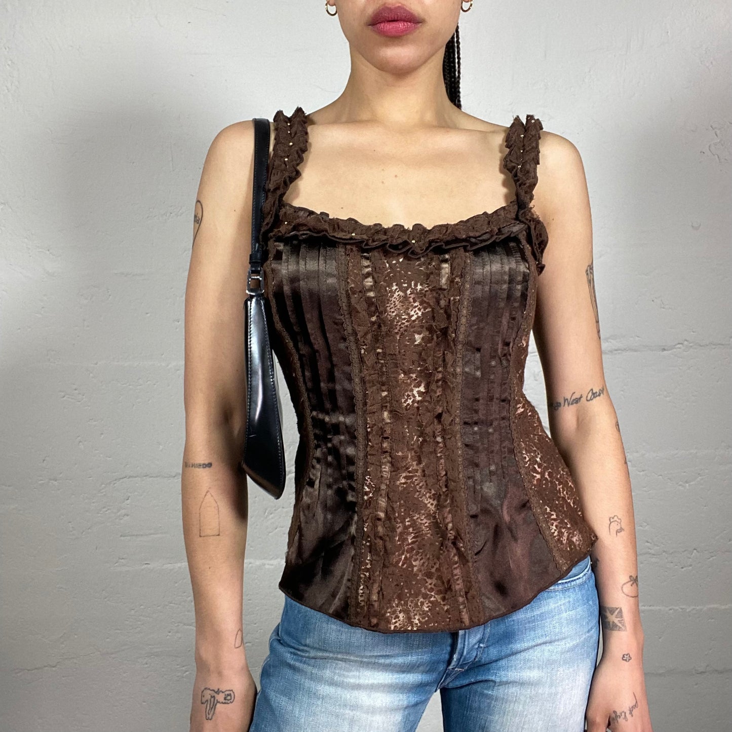 Vintage 2000’s Coquette Drown Silky Corset Style Ruffled Trim Cami Top with Lace Details (M)