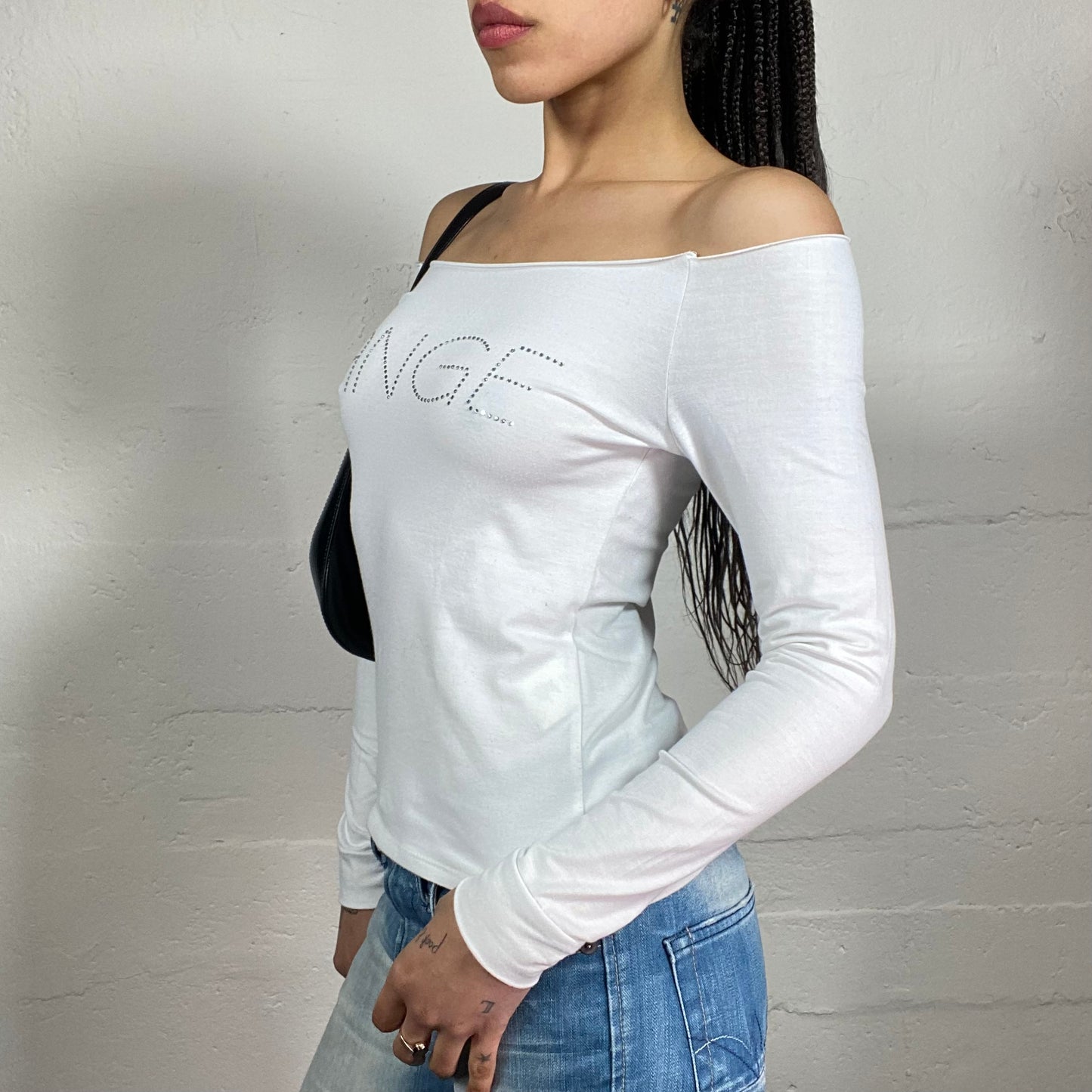 Vintage 2000’s Glamorous White Off Shoulder Longsleeved Top with Rhinestone Ange Embroidery (S)