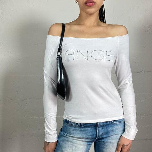 Vintage 2000’s Glamorous White Off Shoulder Longsleeved Top with Rhinestone Ange Embroidery (S)