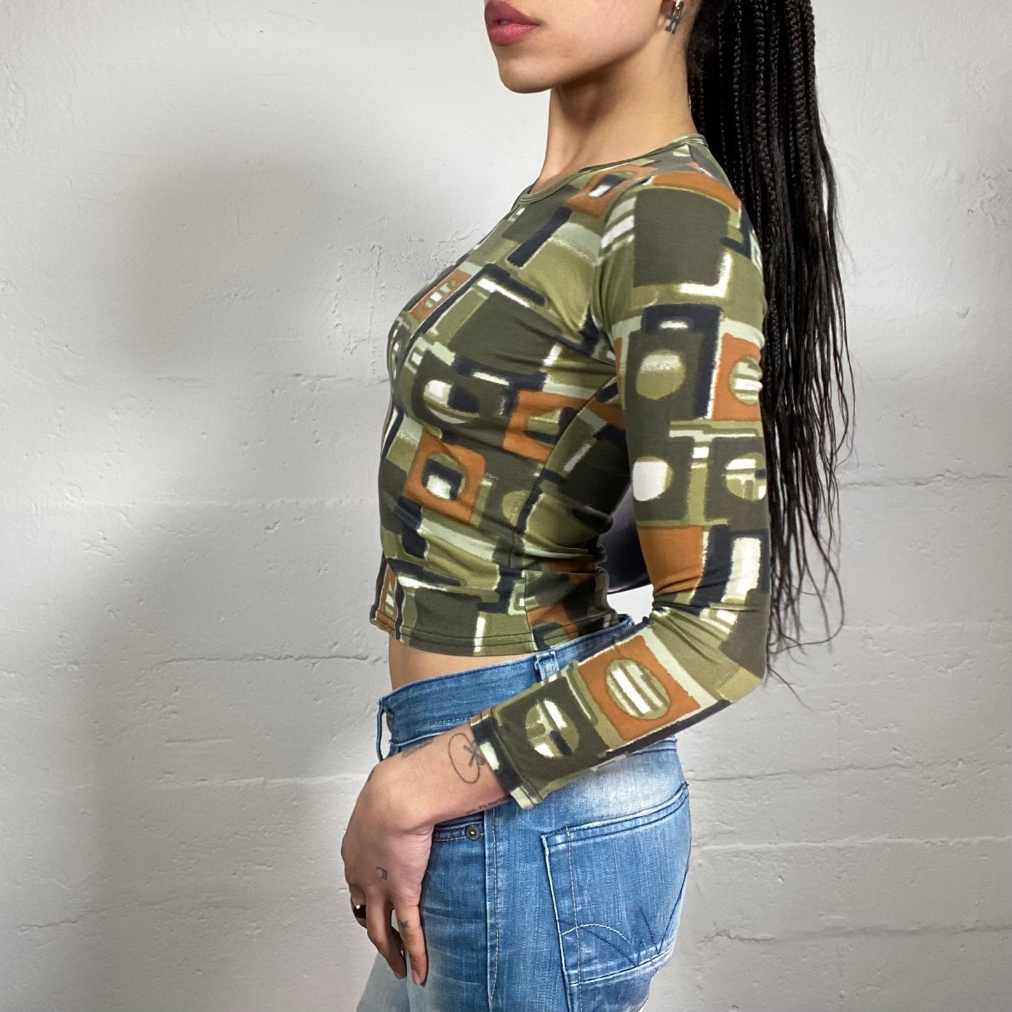Vintage 2000’s Downtown Girl Green 3/4 Sleeve Geometric Print Too with Orange Accents (S)