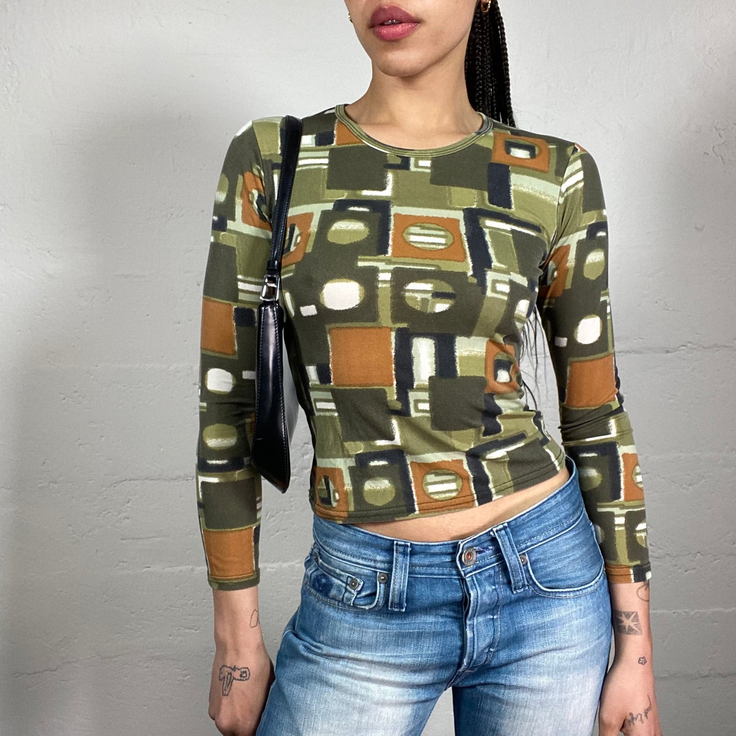 Vintage 2000’s Downtown Girl Green 3/4 Sleeve Geometric Print Too with Orange Accents (S)