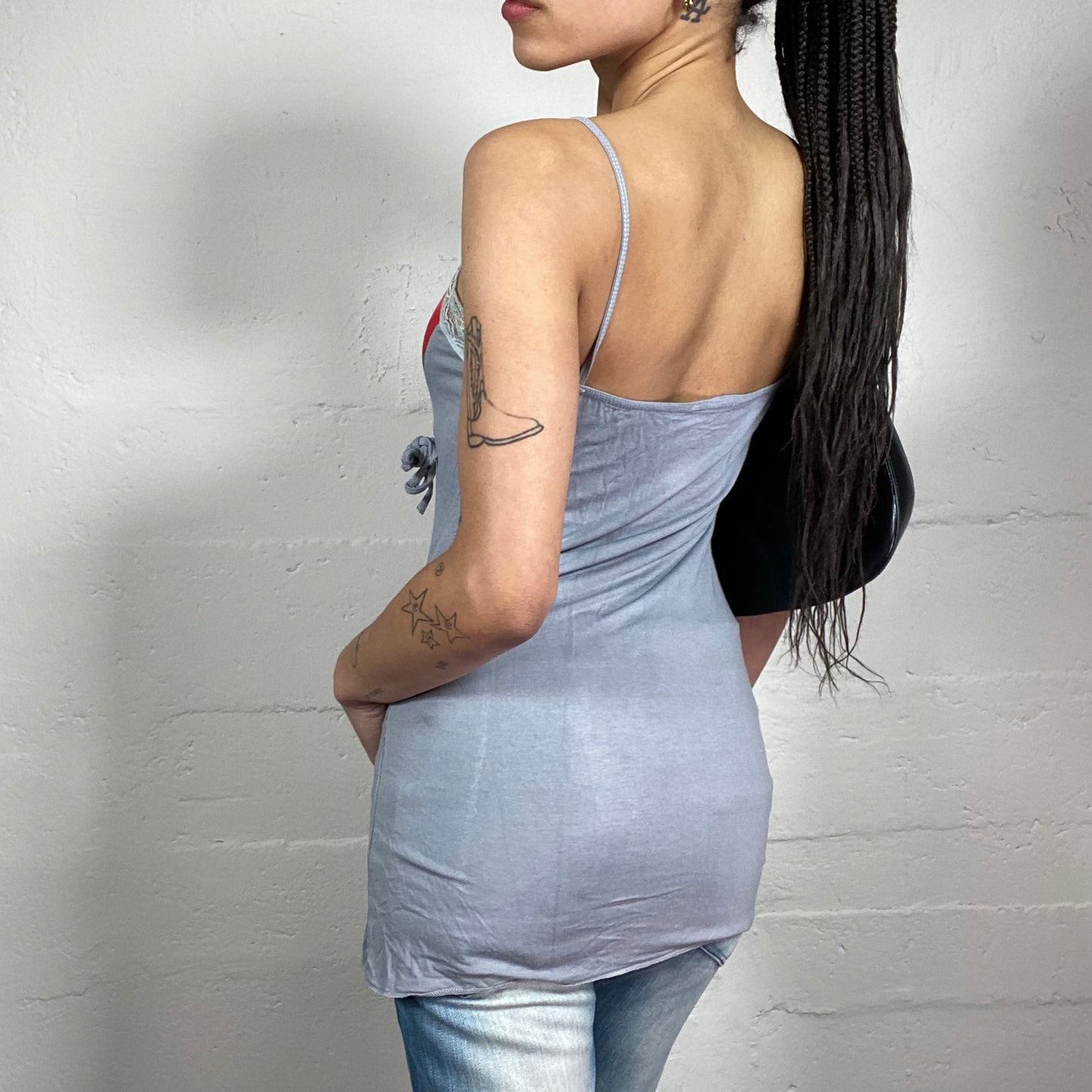 Vintage 2000’s Beach Party Grey and Red Wrap Up Effect Long Cami Top with Floral Print and Lace Trim (S)