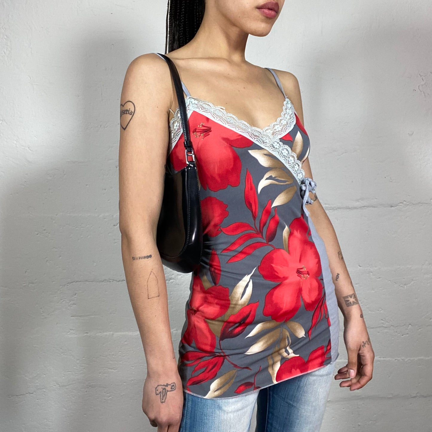 Vintage 2000’s Beach Party Grey and Red Wrap Up Effect Long Cami Top with Floral Print and Lace Trim (S)