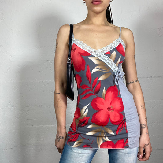 Vintage 2000’s Beach Party Grey and Red Wrap Up Effect Long Cami Top with Floral Print and Lace Trim (S)