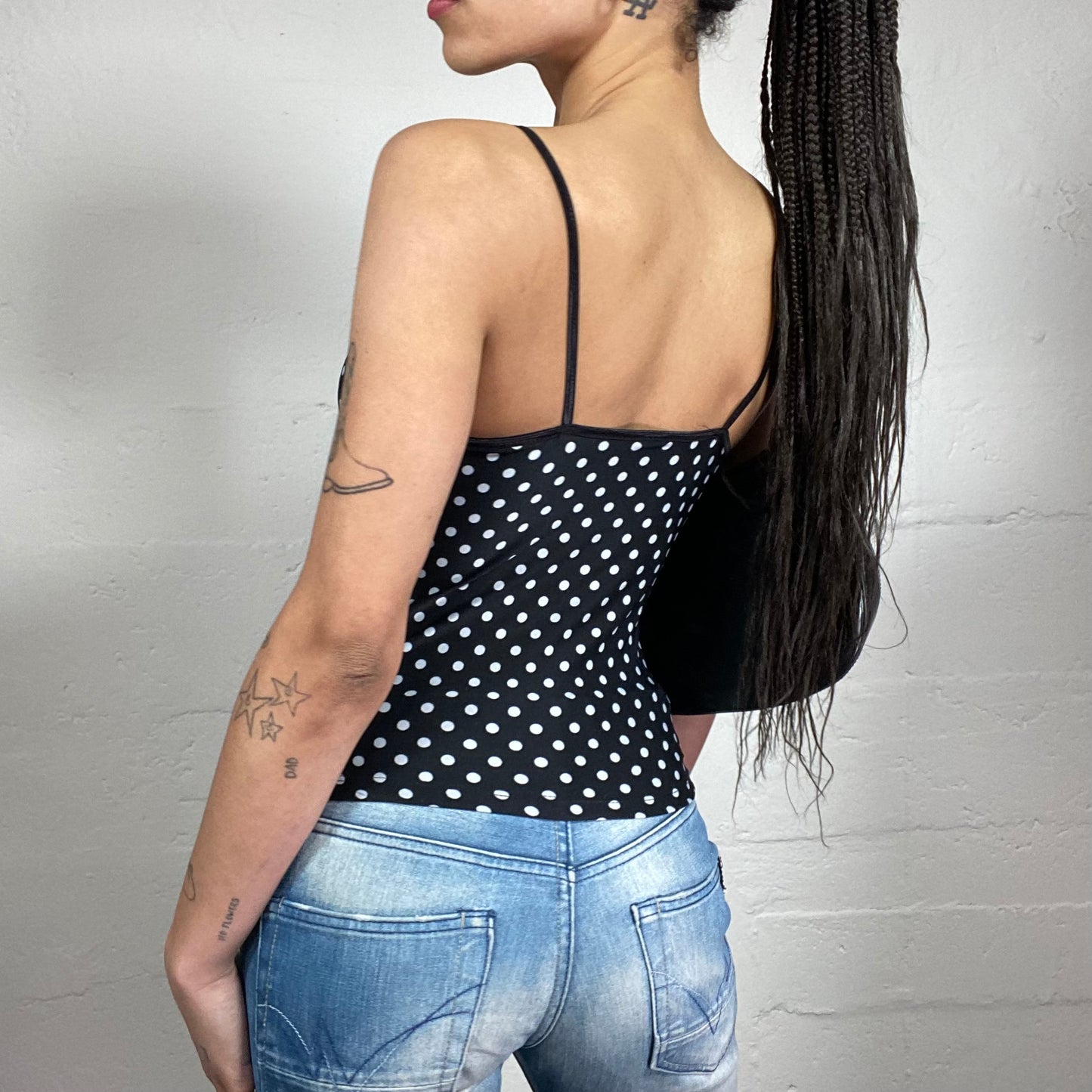 Vintage 2000’s Soft Girl Black and White Polka Dot Printen Cami Top with Lace Trim (M)