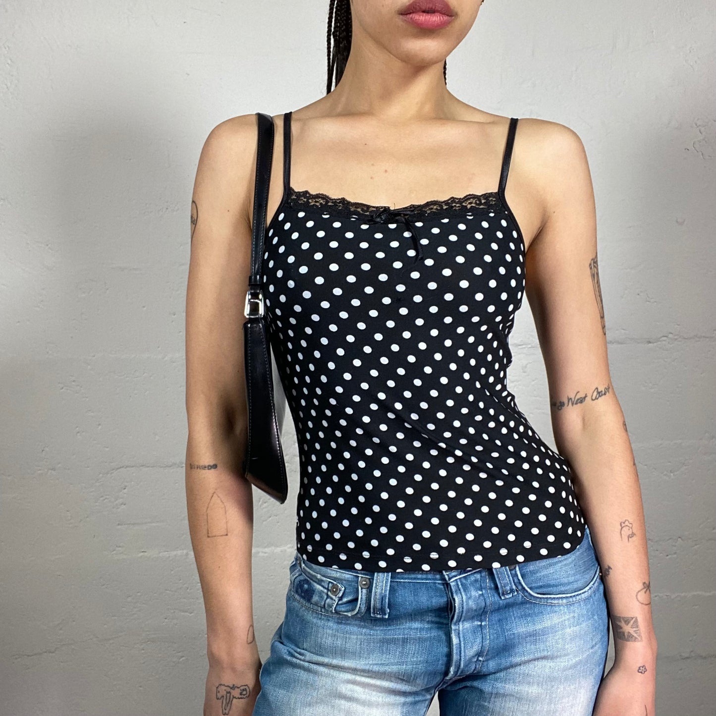Vintage 2000’s Soft Girl Black and White Polka Dot Printen Cami Top with Lace Trim (M)
