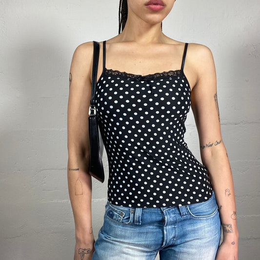 Vintage 2000’s Soft Girl Black and White Polka Dot Printen Cami Top with Lace Trim (M)
