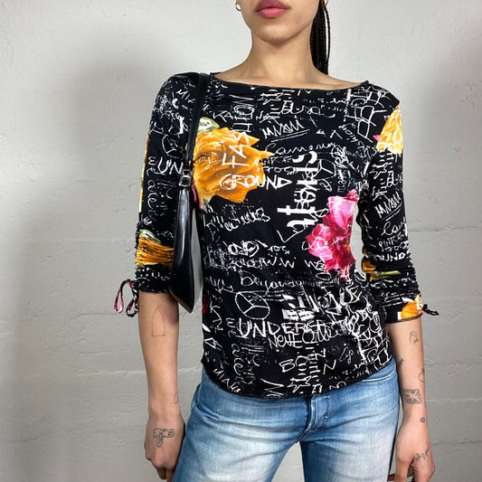 Vintage 2000’s Casual Black 2/4 Ruffled Sleeve and Mesh Back Top with White Typography and Multicoloured Flowers Print (M)