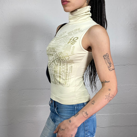Vintage 2000’s Downtown Girl Light Lemon Yellow High Neck Tank Top with Gold Typography Print (S)