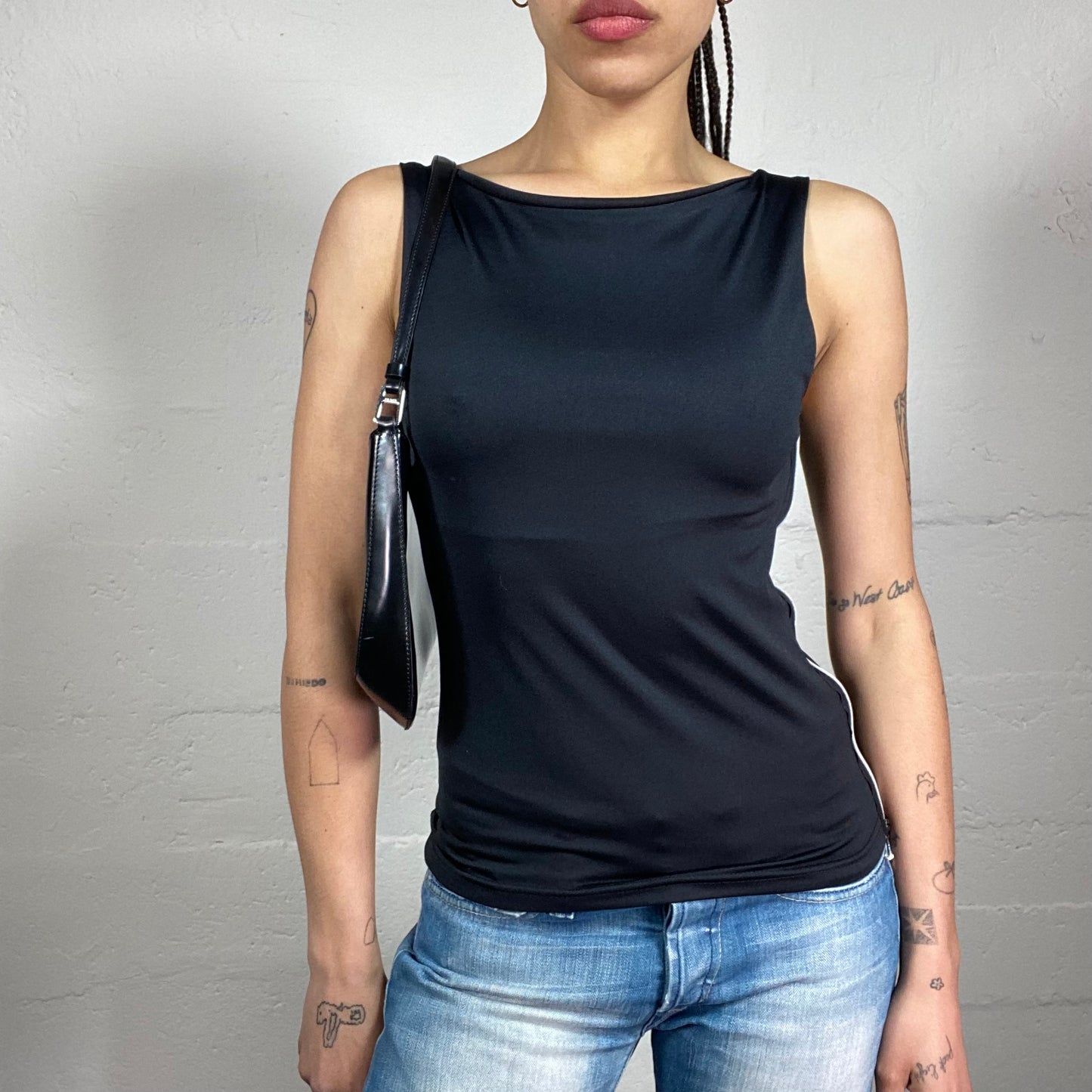Vintage 2000’s Sporty Girl Black Tank Top with Contrast White Side Stripes (S)
