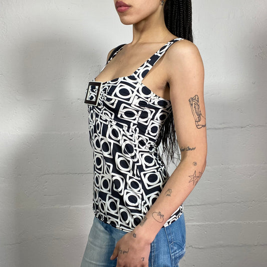 Vintage 2000’s Sunday Date Black and White Futuristic Geometric Print Cami Top with Metal Square-Shaped Ring (S)