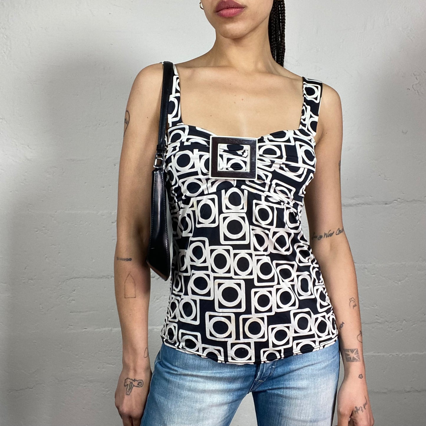 Vintage 2000’s Sunday Date Black and White Futuristic Geometric Print Cami Top with Metal Square-Shaped Ring (S)