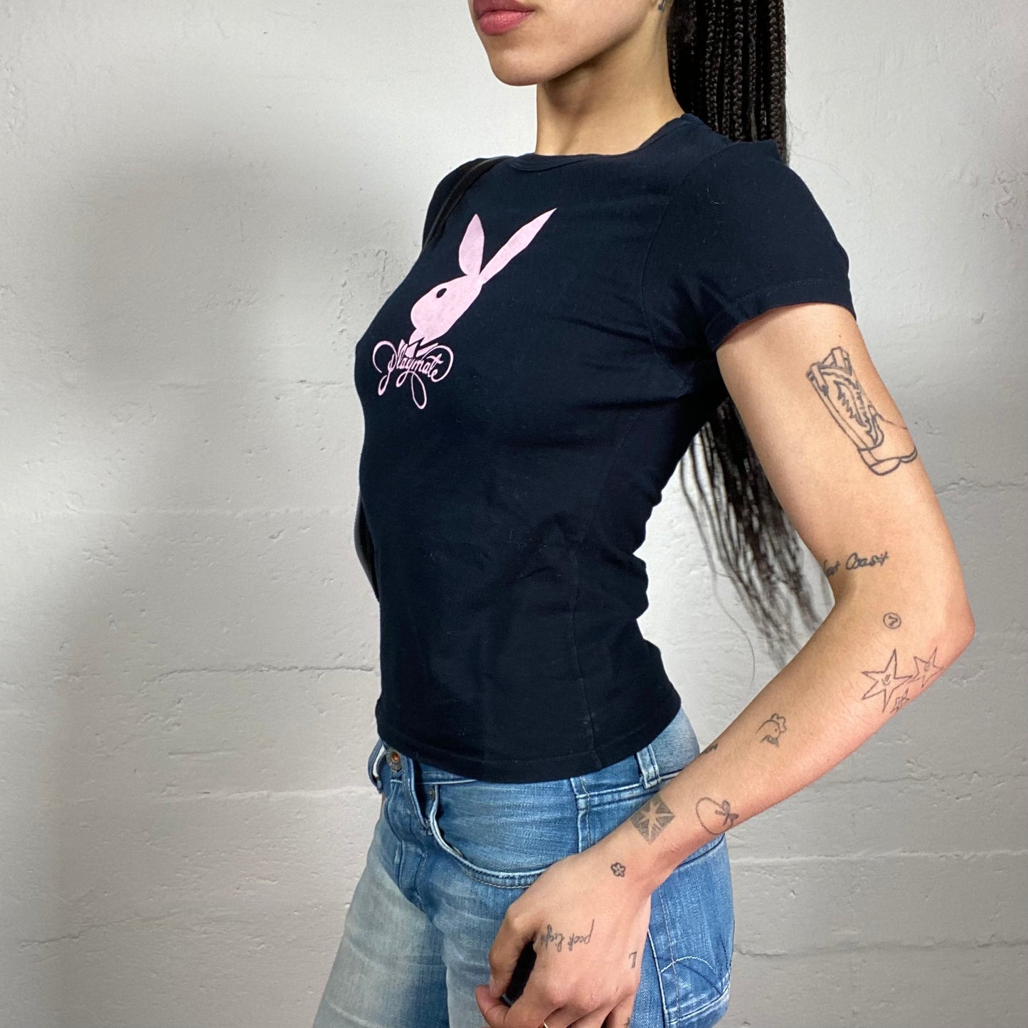 Vintage 2000’s Playboy Clubwear Black Baby Tee with Pink Playmate and Logo Print (S)
