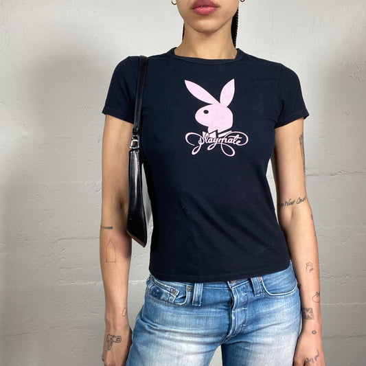Vintage 2000’s Playboy Clubwear Black Baby Tee with Pink Playmate and Logo Print (S)