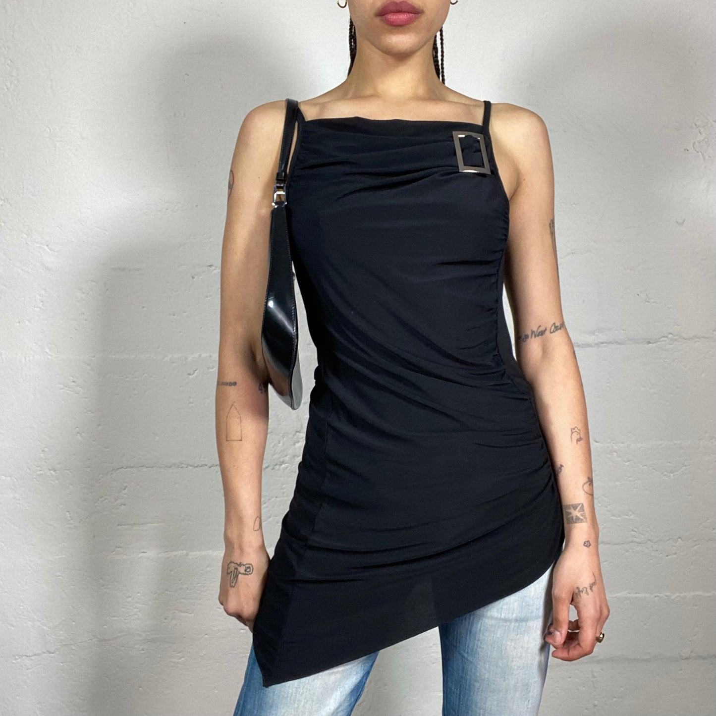 Vintage 2000's Glamorous Femme Fatale Vamp Black Long Draped Asymmetric Cami Top with Metal Belt Detail (S)