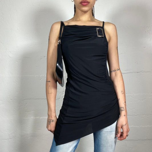 Vintage 2000's Glamorous Femme Fatale Vamp Black Long Draped Asymmetric Cami Top with Metal Belt Detail (S)