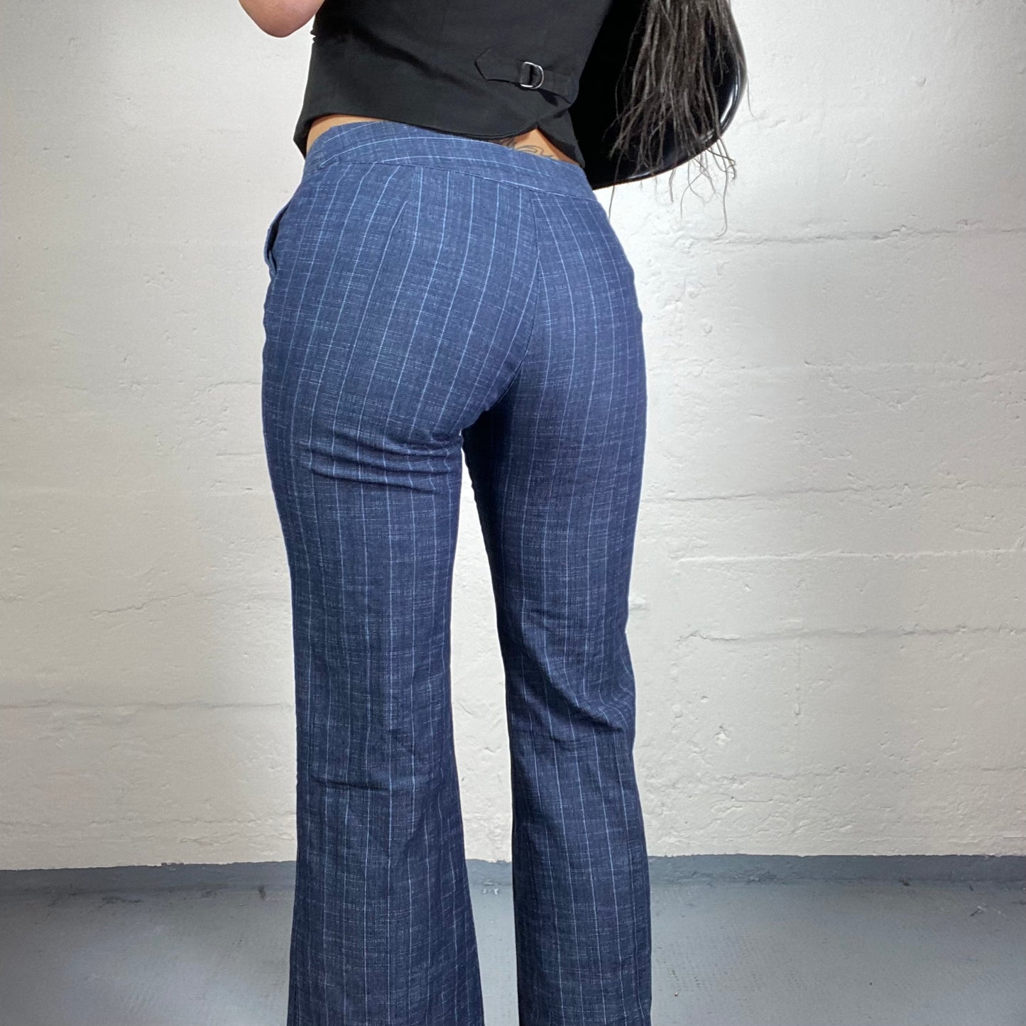 Vintage 2000’s Office Girl Blue Striped Low Waisted Linen Flare Pants (S)