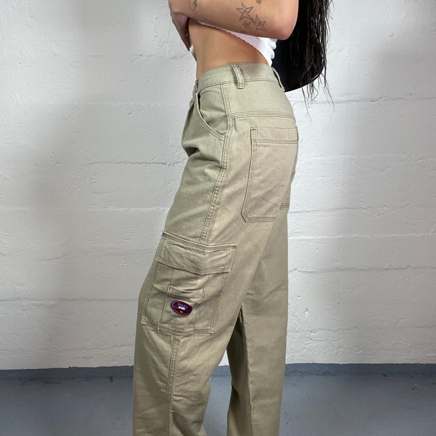 Vintage 2000’s Hip-Hop Style Cargo Mid-Waist Beige Pants with Logo Embroidery (XS)