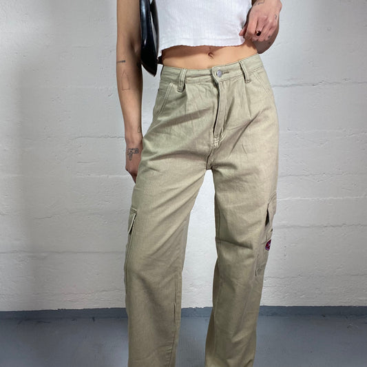 Vintage 2000’s Hip-Hop Style Cargo Mid-Waist Beige Pants with Logo Embroidery (XS)