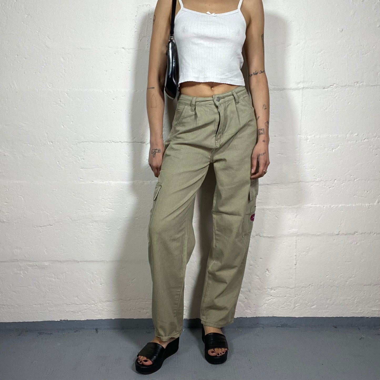 Vintage 2000’s Hip-Hop Style Cargo Mid-Waist Beige Pants with Logo Embroidery (XS)