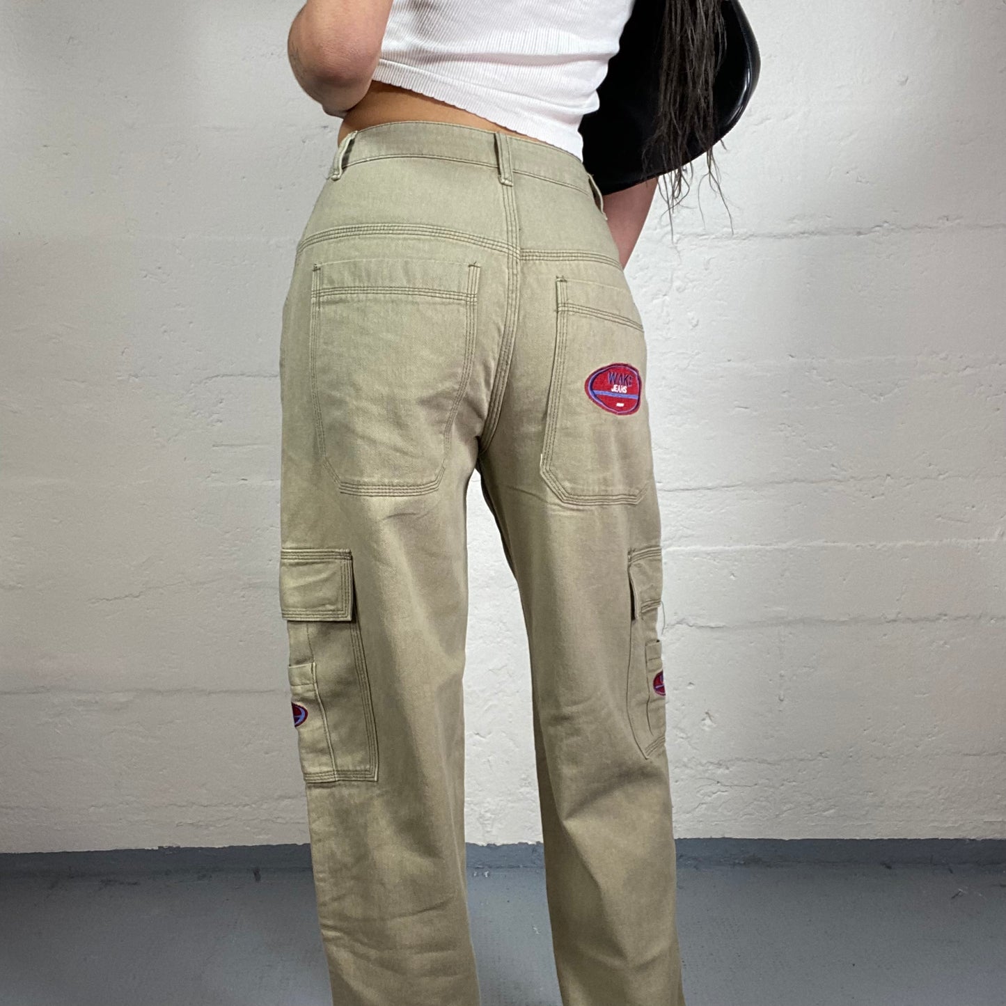 Vintage 2000’s Hip-Hop Style Cargo Mid-Waist Beige Pants with Logo Embroidery (XS)