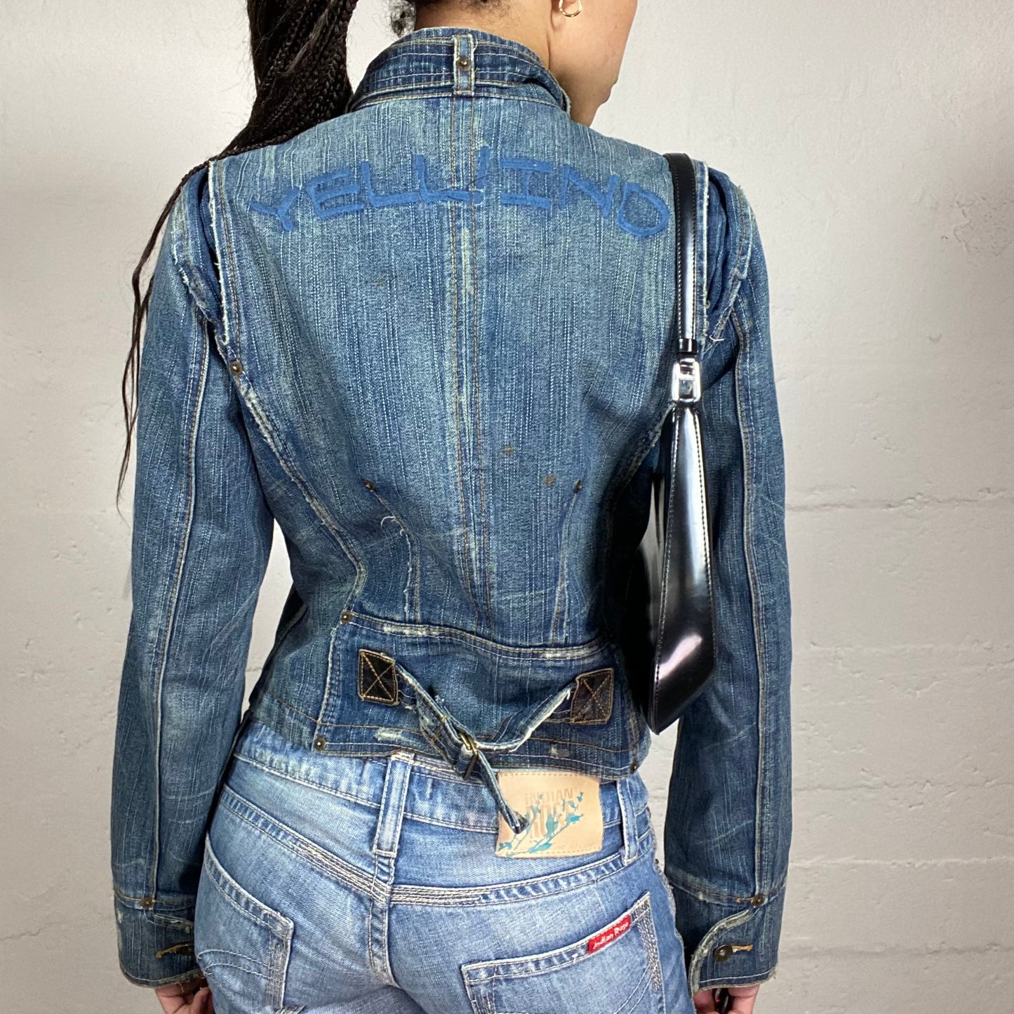 Vintage 2000’s Biker Girl Zip Up High Neck Washed Off Denim Motojacket with Neck Belt and Pocket Details (S)