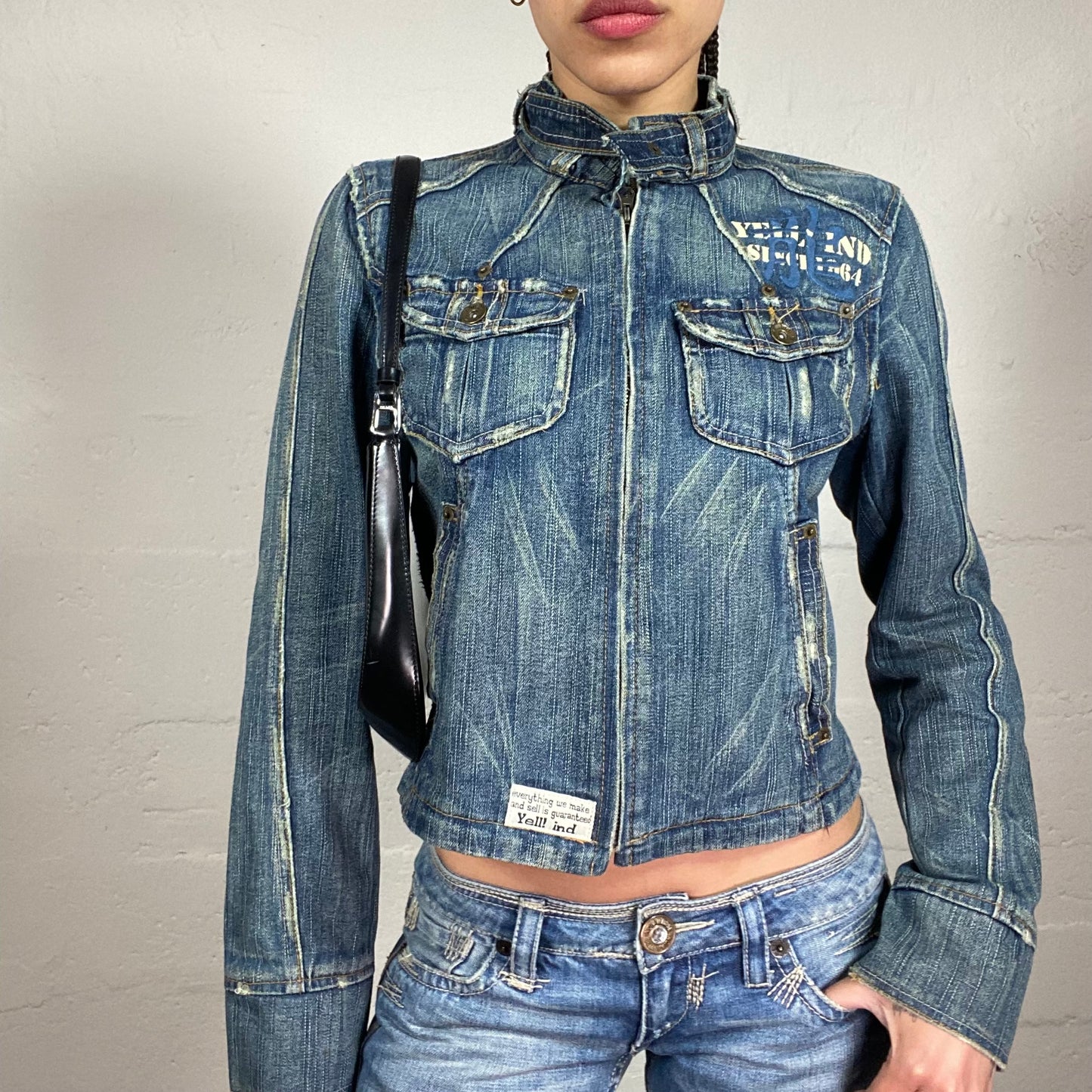 Vintage 2000’s Biker Girl Zip Up High Neck Washed Off Denim Motojacket with Neck Belt and Pocket Details (S)