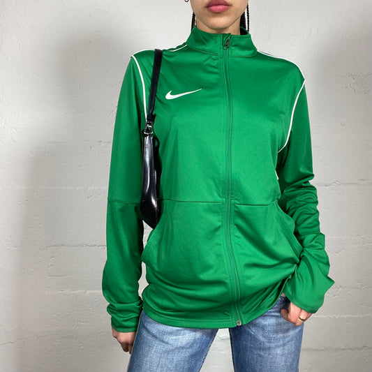 Vintage 2000’s Nike Sporty Green Zip Up Pullover with Contrast White Stripes and Logo Print (M)